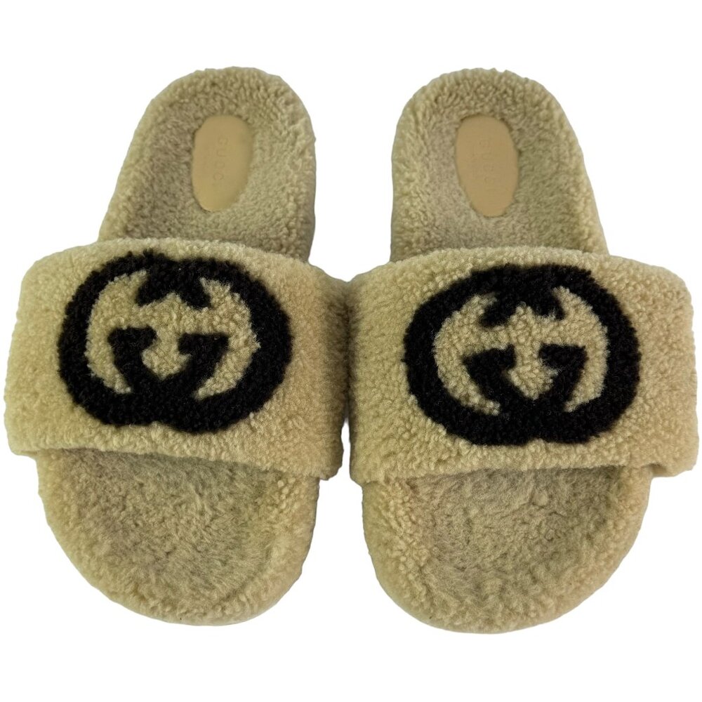 GUCCI 646225 Beige Interlocking GG Boa Slide Women's Sandals Made in Italy 40-10